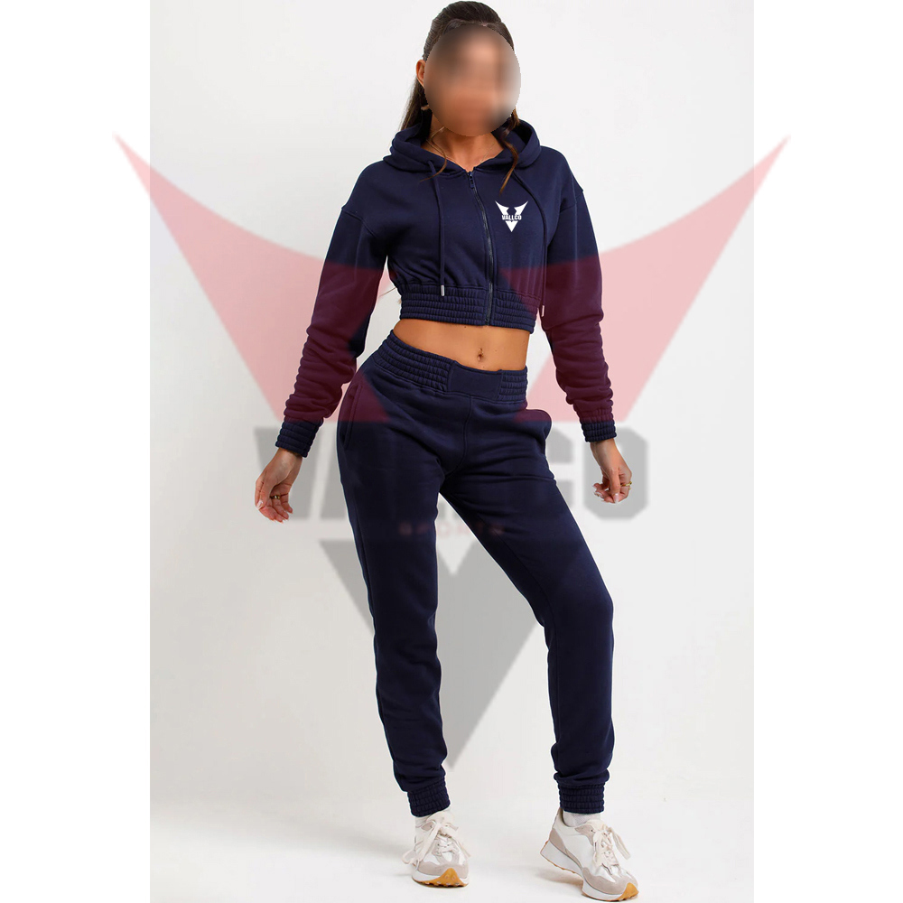 Zip Front Navy Color Ladies Gym Crop Tracksuits Long Sleeve Crop Tops Pants Casual Wear Tracksuit  image