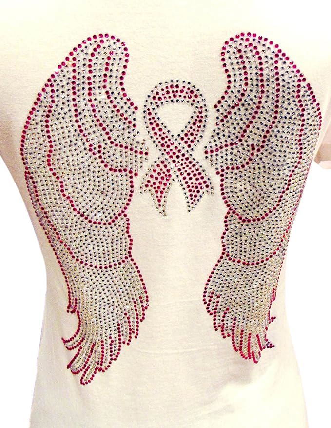 Women’s Sparkly Pink Ribbon Tee – Angel Wings Rhinestone V-Neck Shirt,Support Breast Cancer Awarenes image