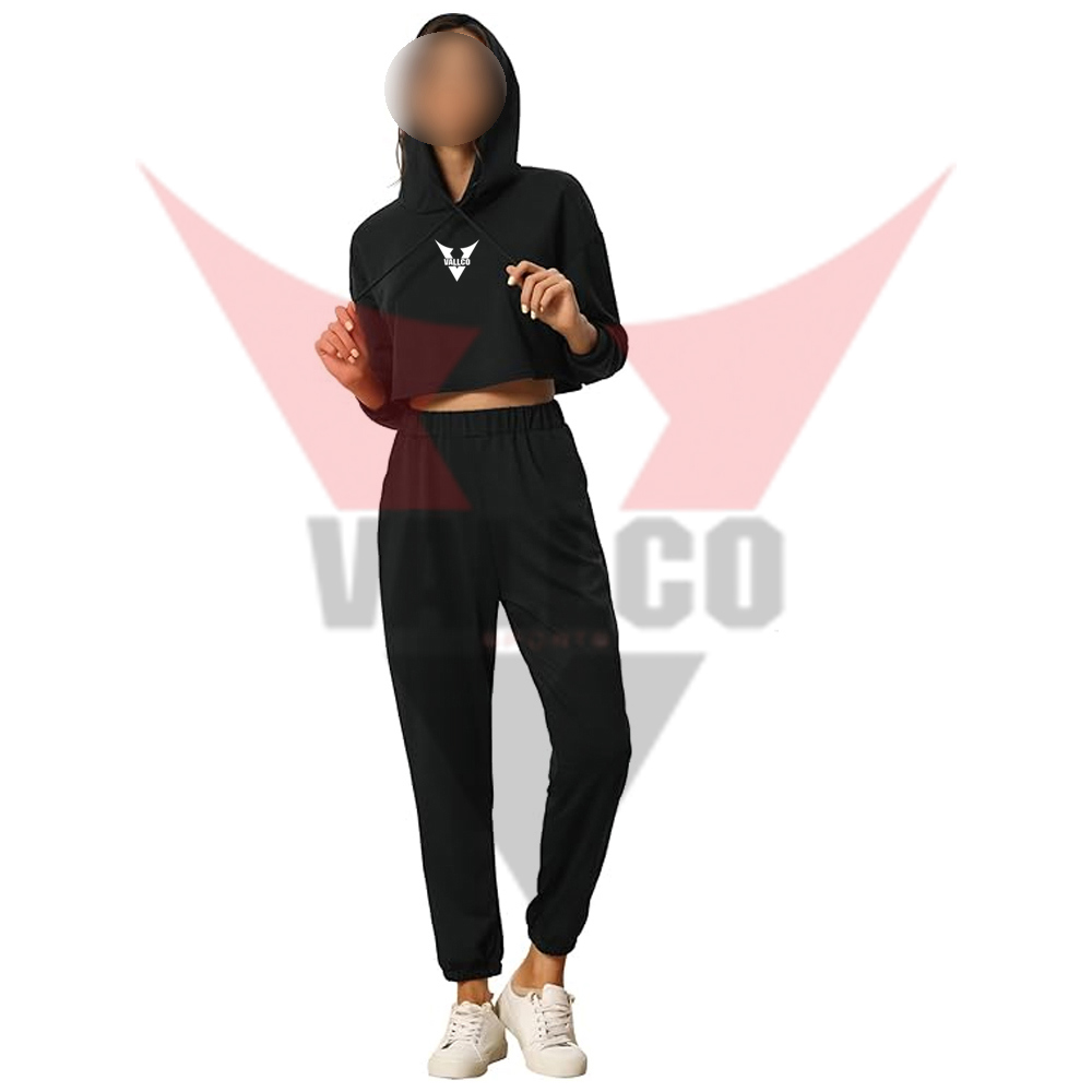 Plain Black Color Long Sleeve Cropped Hoodie And Jogger Sets Casual Wear Women Comfort Fit Outfits image