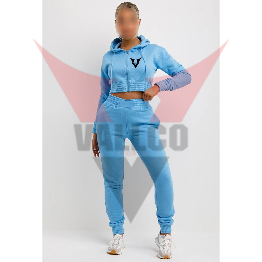 With Zip Front Crop Top And Jogger Set Sky Blue Color Casual Wear Women Comfort Fit Tracksuits image