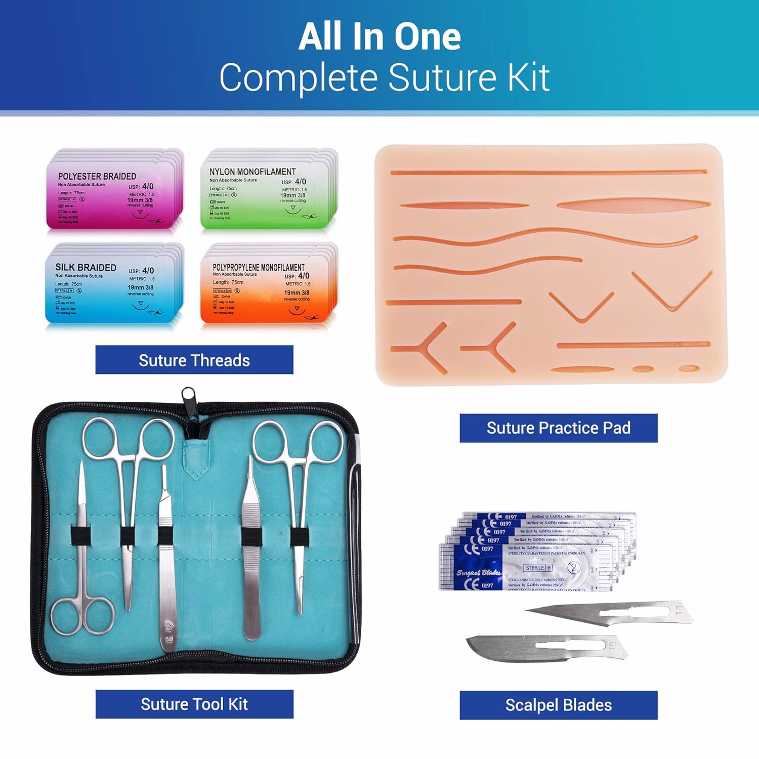 Suture Practice Complete Kit , Include Suture Pad , Suture Tools, Suture Thread & Needle image