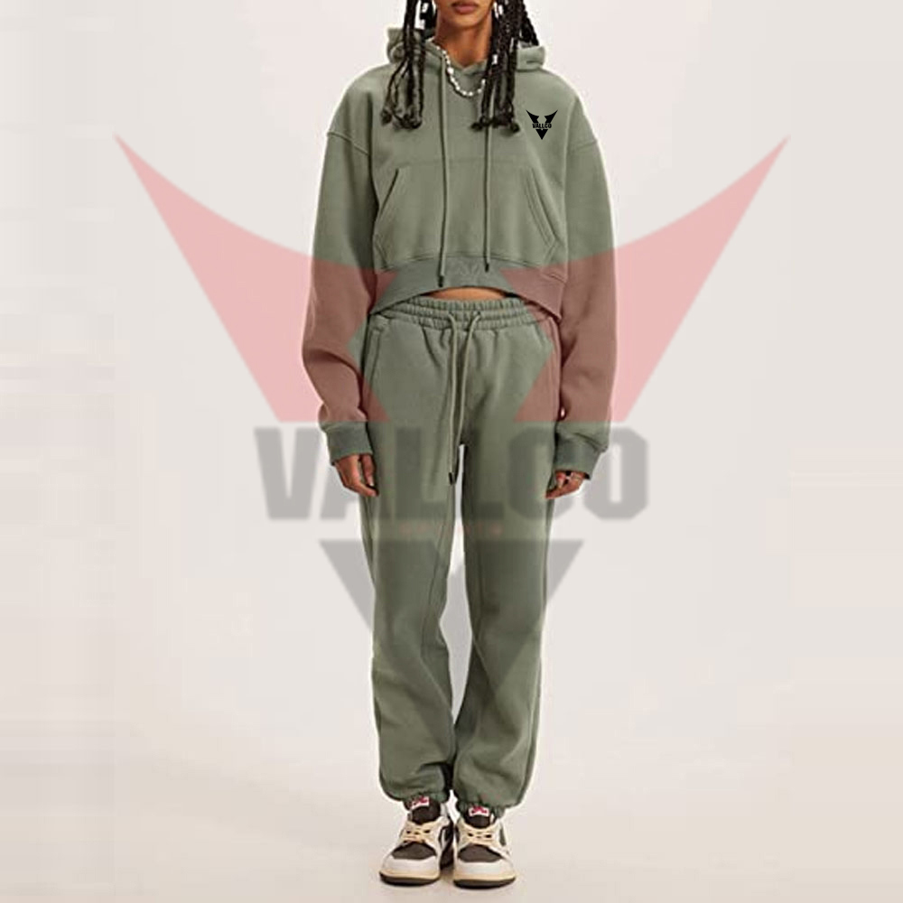 Women Pullover Tracksuit Set Casual Wear Outfits, Plain Long Sleeve Crop Hoodie And Jogger Sets image