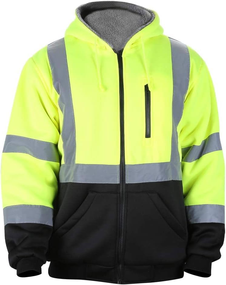 Men’s Yellow ANSI Class 3 High Visibility Reflective Fleece Hoodie Jacket with Zipper, Black Bottom image