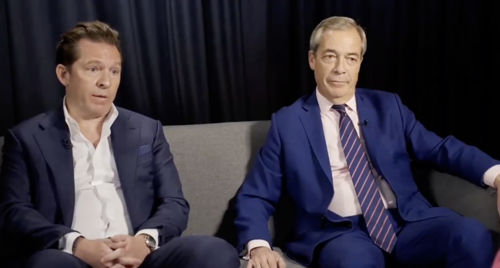A photo of Nick Candy, Reform's new treasurer and Nigel Farage, leader of Reform UK in an interview on Sky News