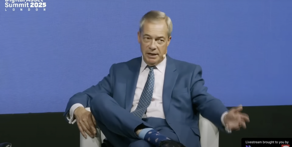Nigel Farage speaking at cryptocurrency event