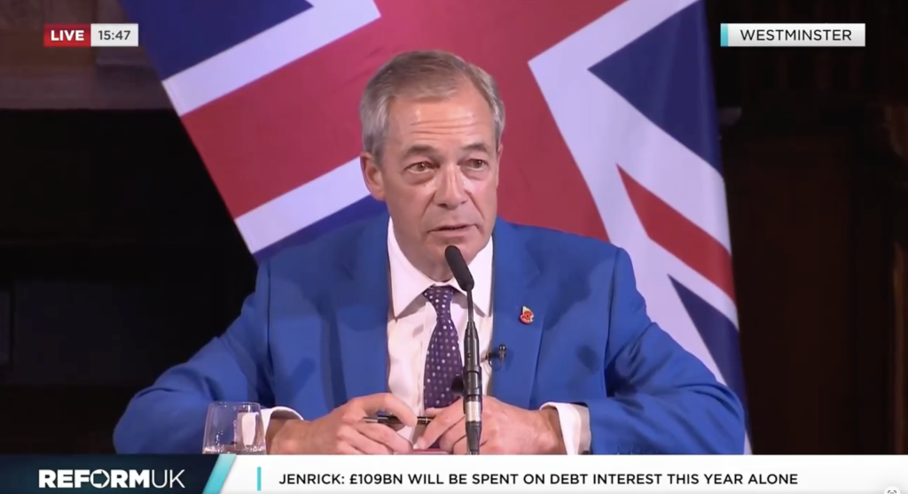 Nigel Farage speaking at a Reform press conference yesterday