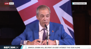 Nigel Farage speaking at a Reform press conference yesterday