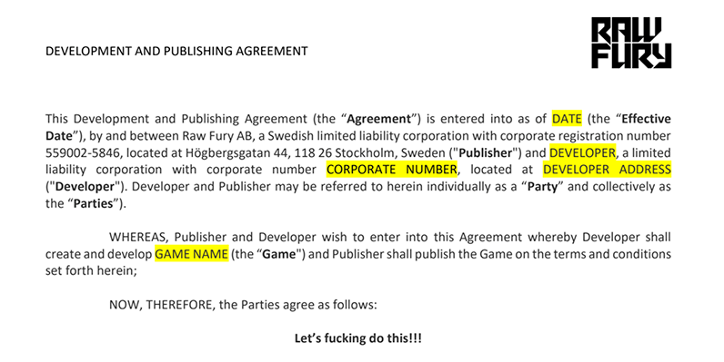 Raw Fury's Publishing Agreement