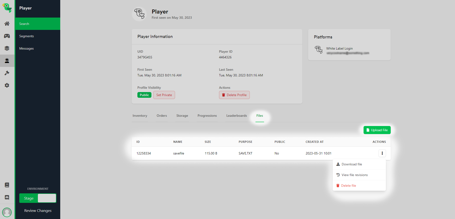 LootLocker Web console interface showing player files page