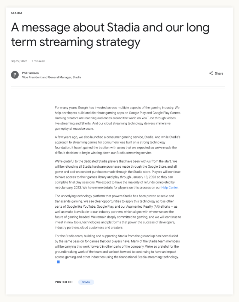 Phil Harrison's (GM of Stadia) message to the gaming community.