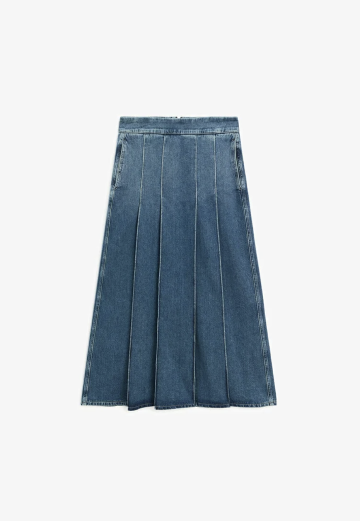 pleated denim skirt