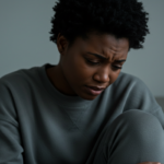 Black woman hunched over in pain