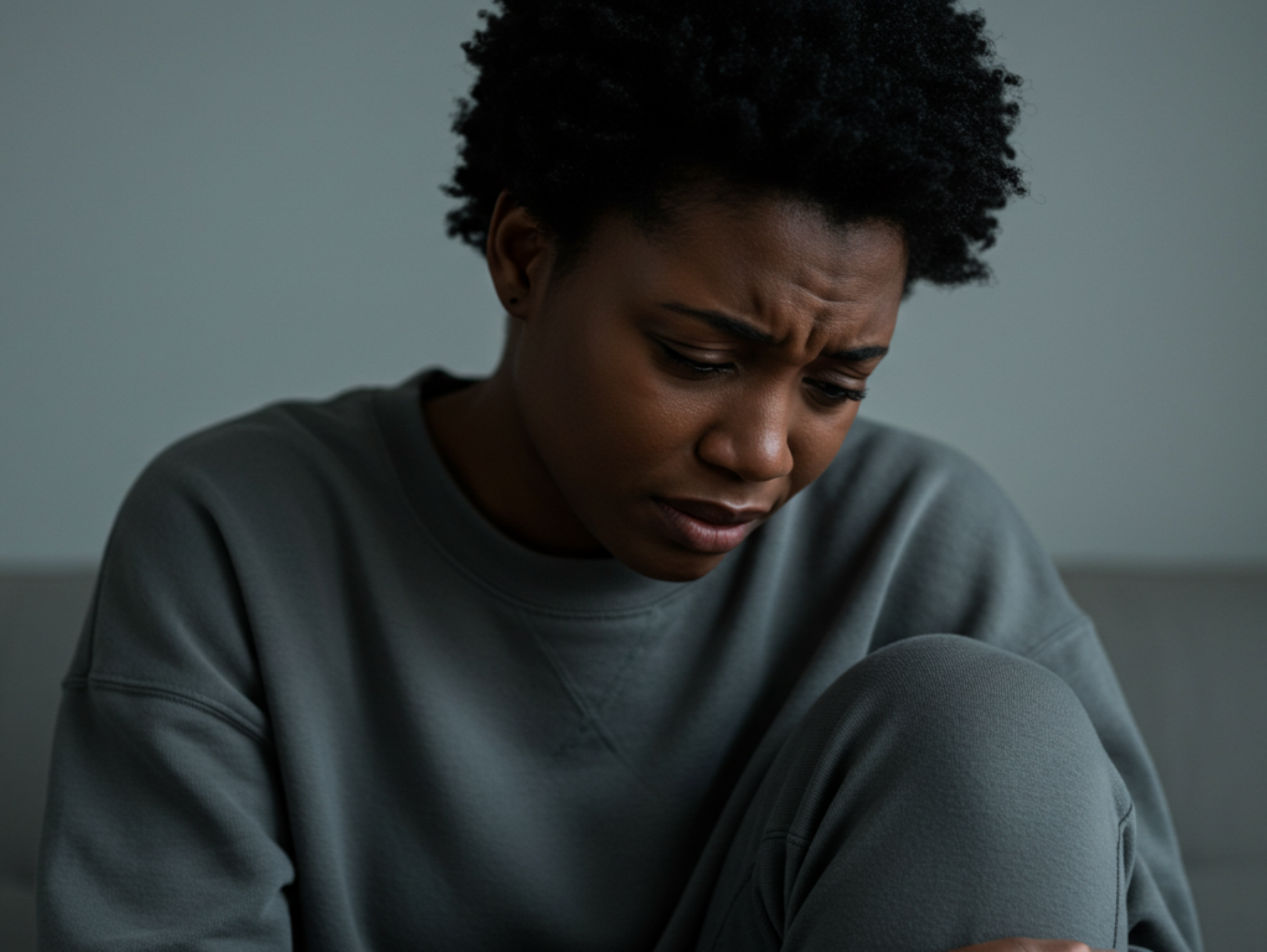 Black woman hunched over in pain