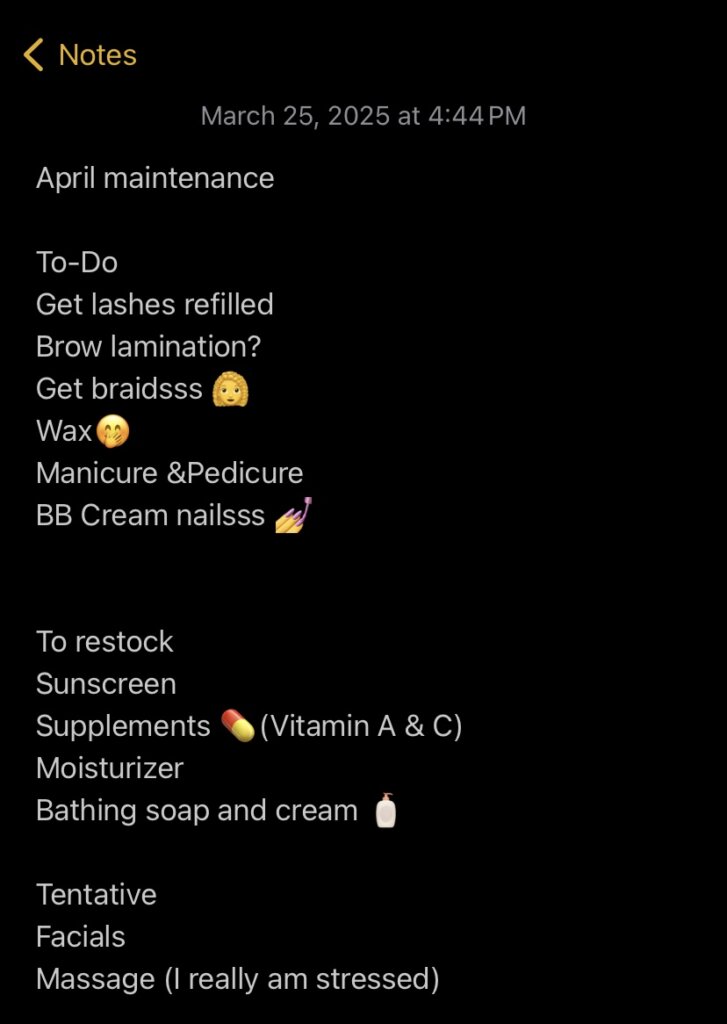 Beauty maintenance list by Oyindamola for Marie Claire Nigeria