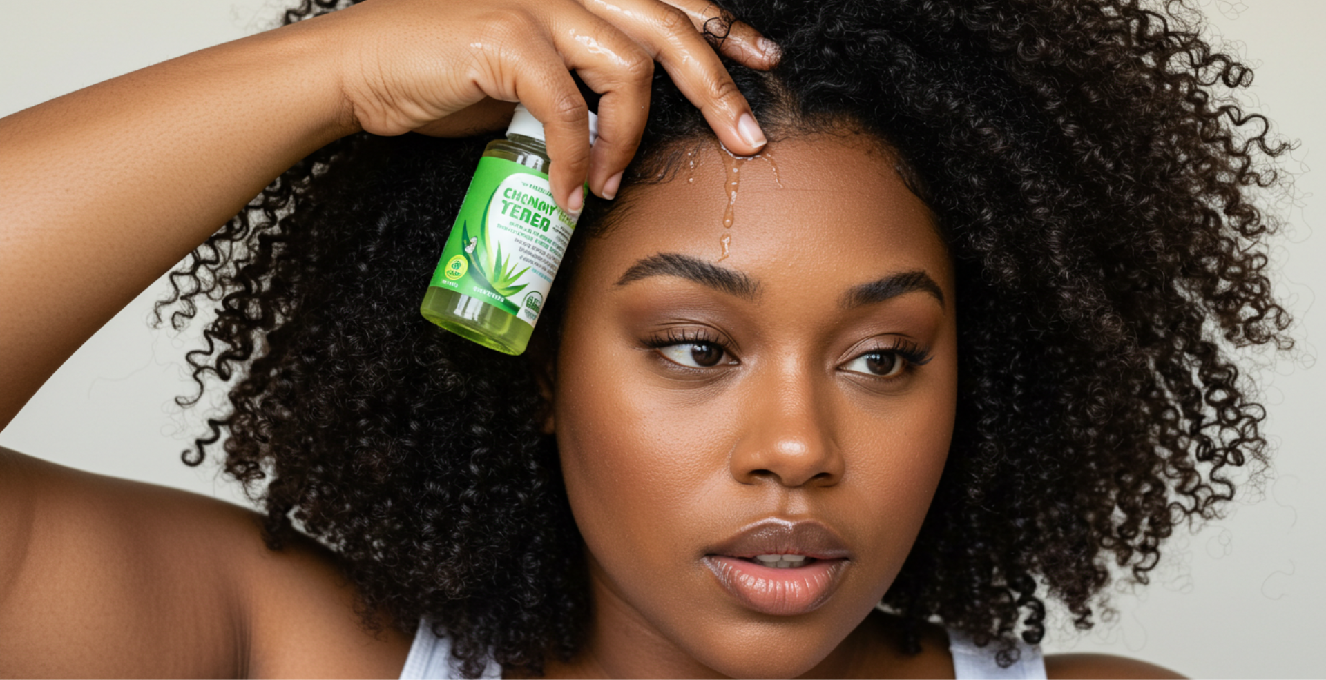 A chubby dark skinned Black woman rubbing aloe vera oil into her 4c hair via Image FX
