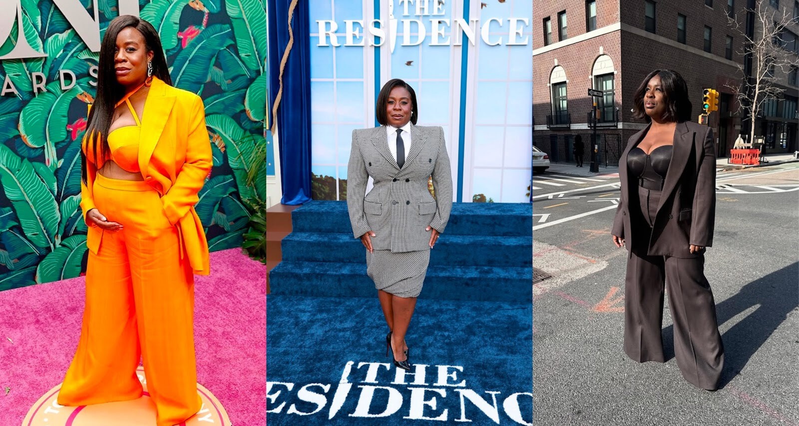 (left to right): Uzo Aduba wearing a full yellow Christian Siriano suit, shared via @uzoaduba on Instagram. Uzo Aduba wearing a Balenciaga hourglass houndstooth blazer paired with a matching pencil skirt, shared via @uzoaduba on Instagram. Uzo Aduba wearing a brown full suit, shared via @uzoaduba on Instagram.