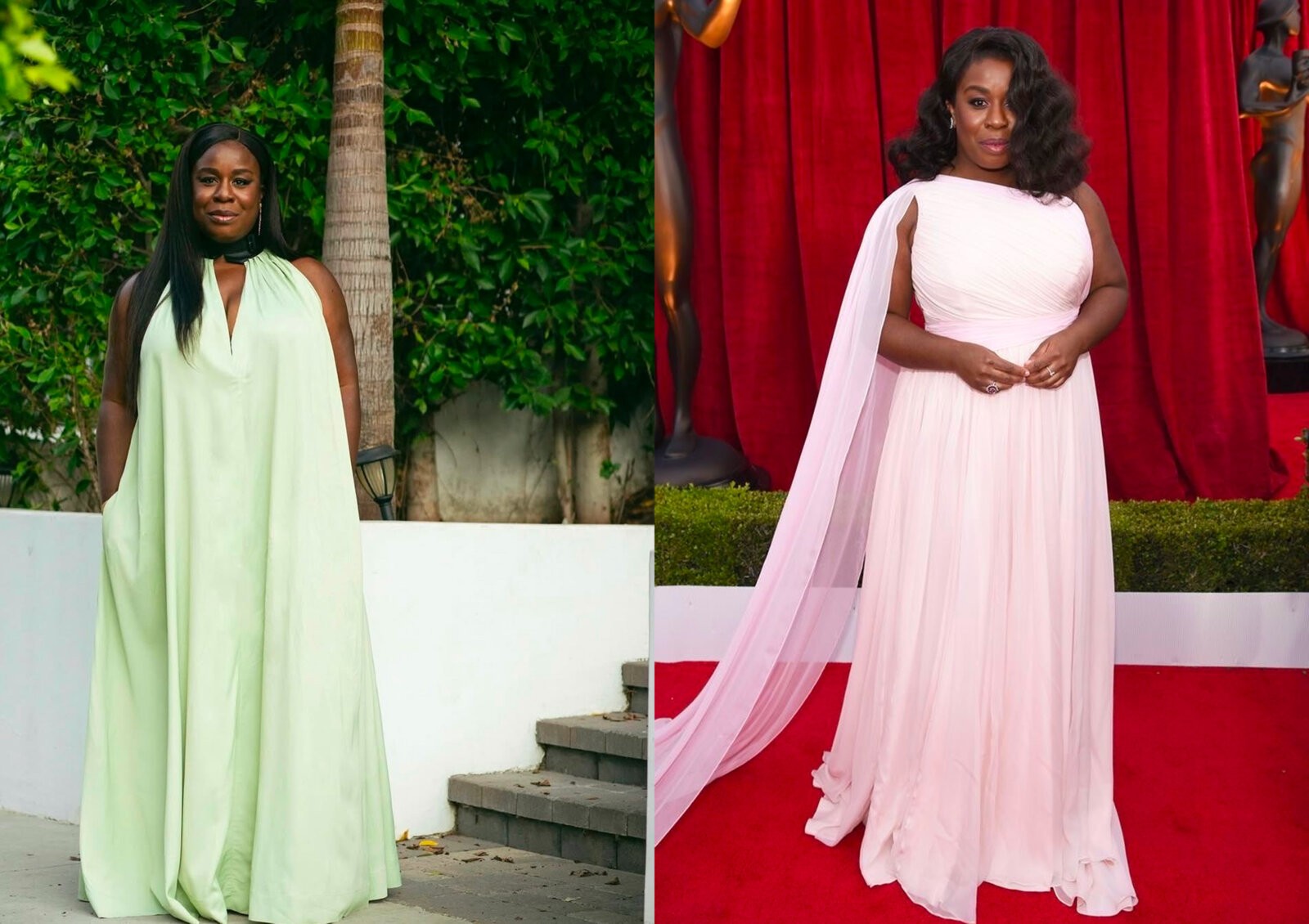 Left to right: Uzo Aduba wearing a free-flowing mint Ferragamo dress, shared via @uzoaduba on Instagram. Uzo Aduba wearing a maxi pastel pink Christian Siriano dress, shared via @uzoaduba on Instagram.