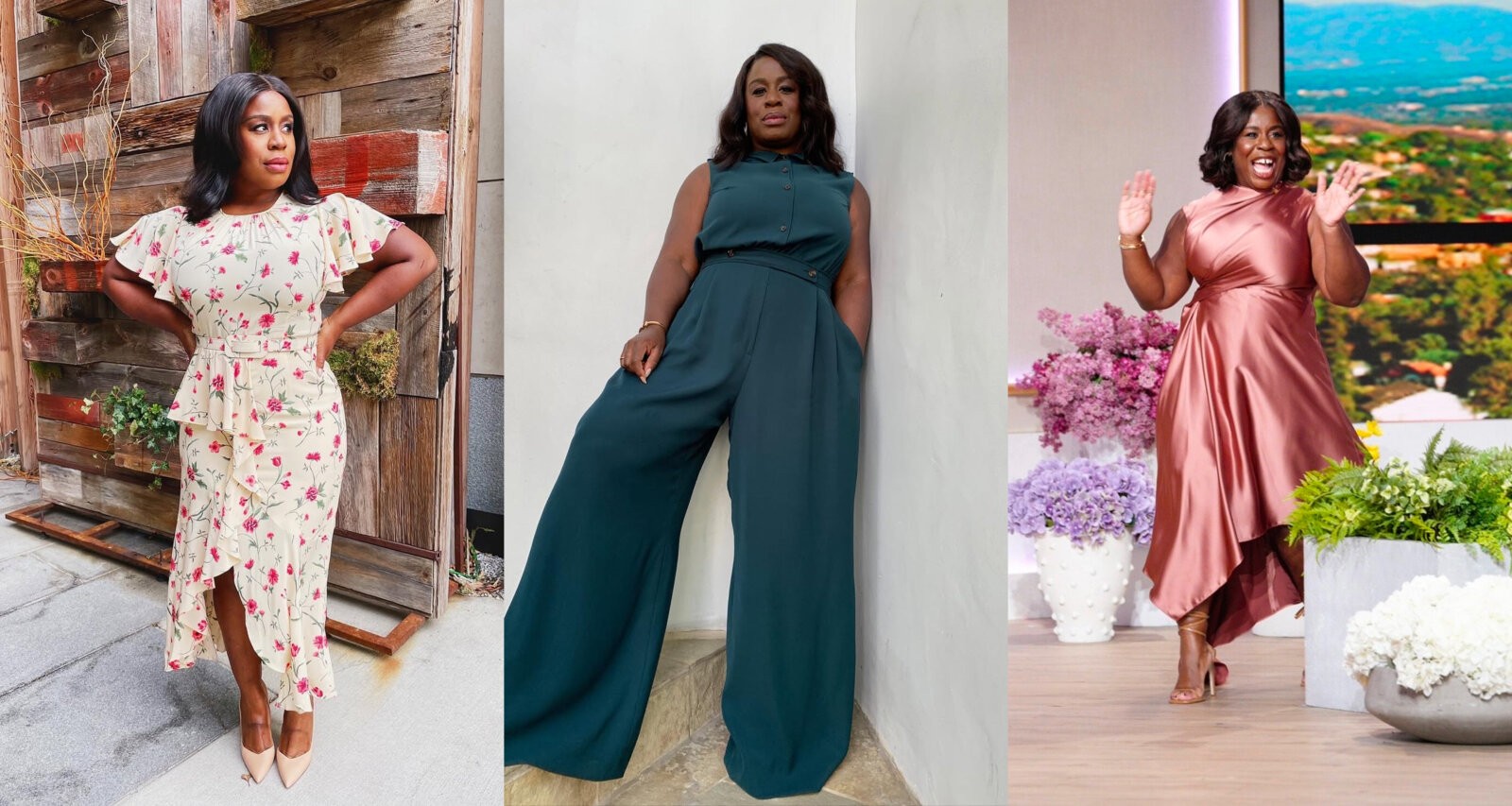 Left to right: Uzo Aduba in a floral Cristina Ehrlich midi dress, shared via @uzoaduba on Instagram; Uzo Aduba wearing a green Cristina Ehrlich two-piece shirt and tailored trousers; Uzo Aduba in a silk blush midi dress, shared via @uzoaduba on Instagram