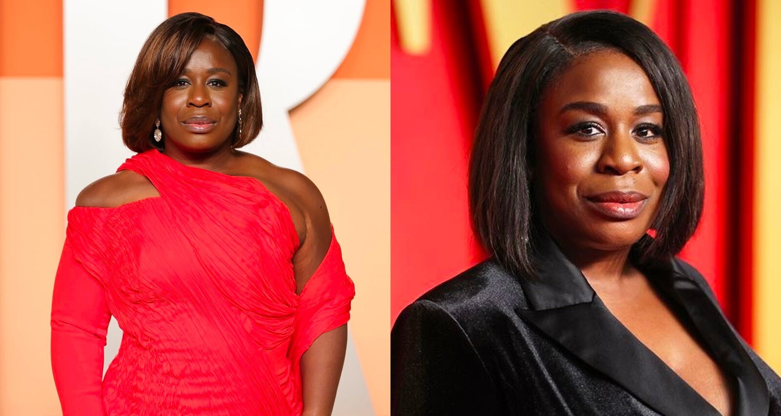 Left to right: Uzo Aduba wearing her signature side-part bob at the 2022 Tony Awards via People.com. Uzo Aduba with her signature side-part at the 2024 Vanity Fair Party via @uzoaduba on Instagram.
