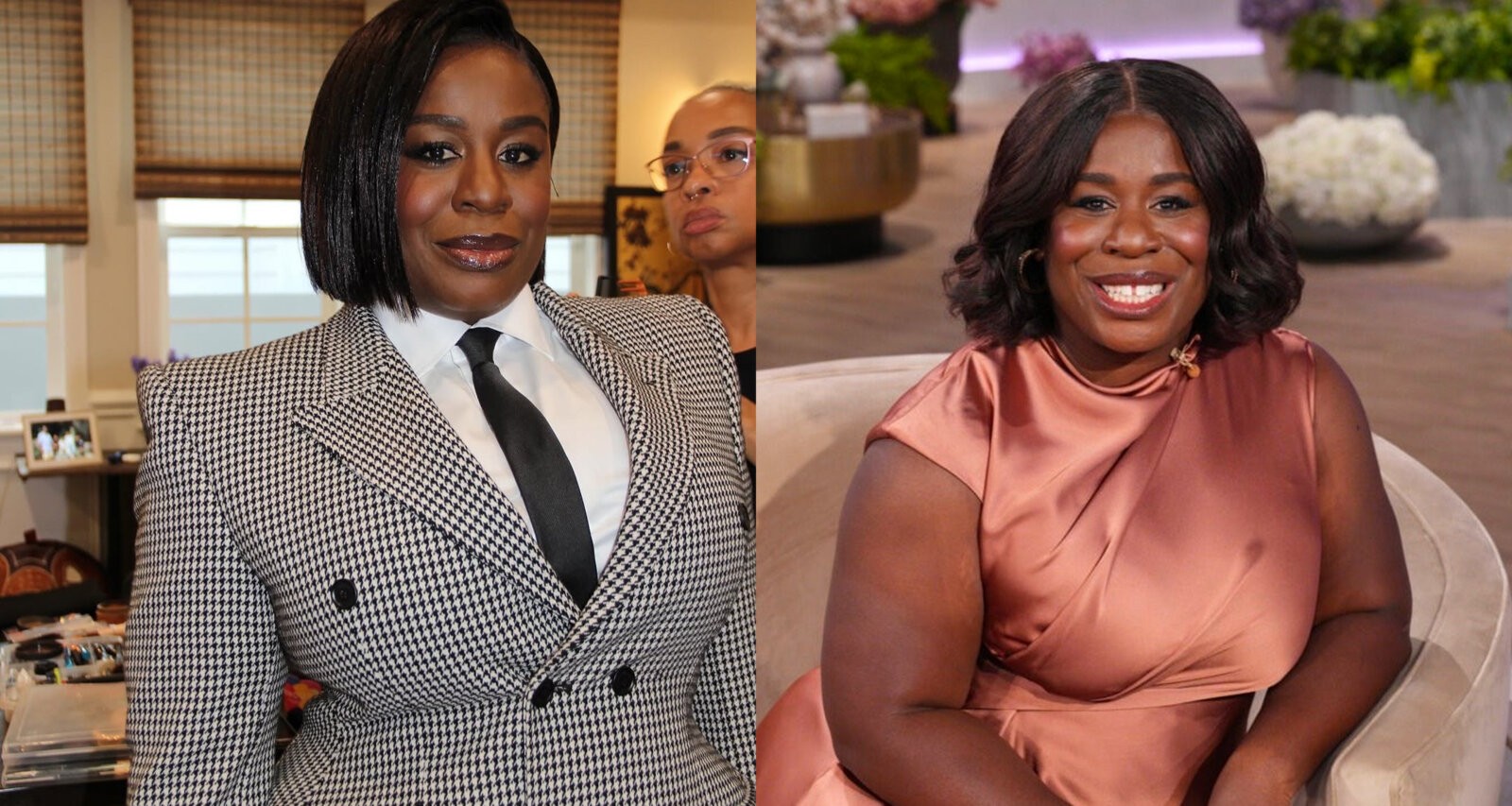 Left to right: Uzo Aduba wearing nude makeup at The Residence LA premiere via @uzoaduba on Instagram. Uzo Aduba wearing her signature side part during The Residence press tour via Talkingwithtami.com.
