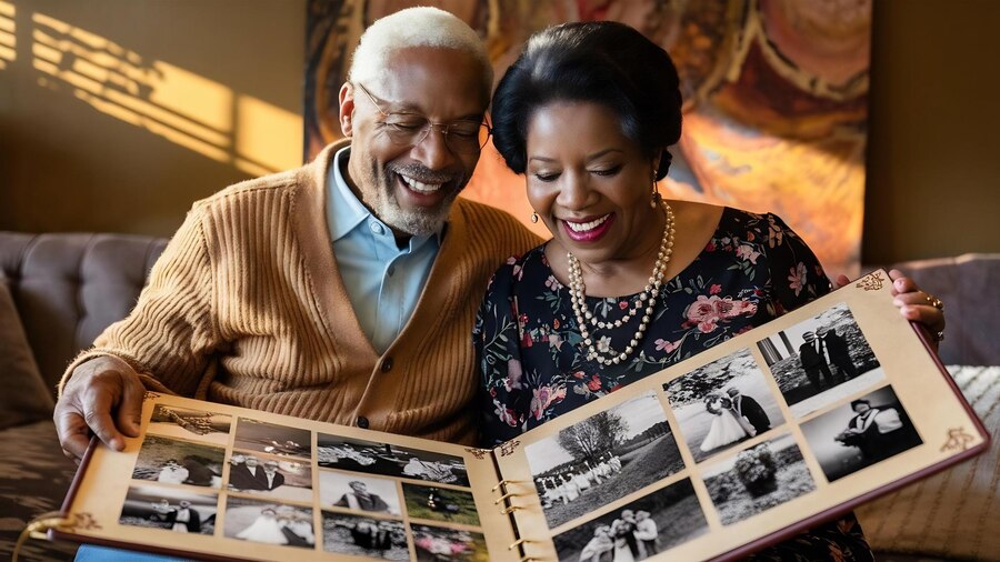 Old couple looking through photo album by Flowo via Freepik