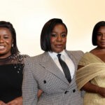 Uzo Aduba wearing a black dress with studded shoulders and oversized sleeves at the 2025 Fashion Trust event, via @uzoaduba on Instagram; Uzo Aduba wearing her signature side part during The Residence press tour via Talkingwithtami.com; Uzo Aduba in a stunning beige Cong Tri dress at the 2021 Tony Awards via JustJared.com.