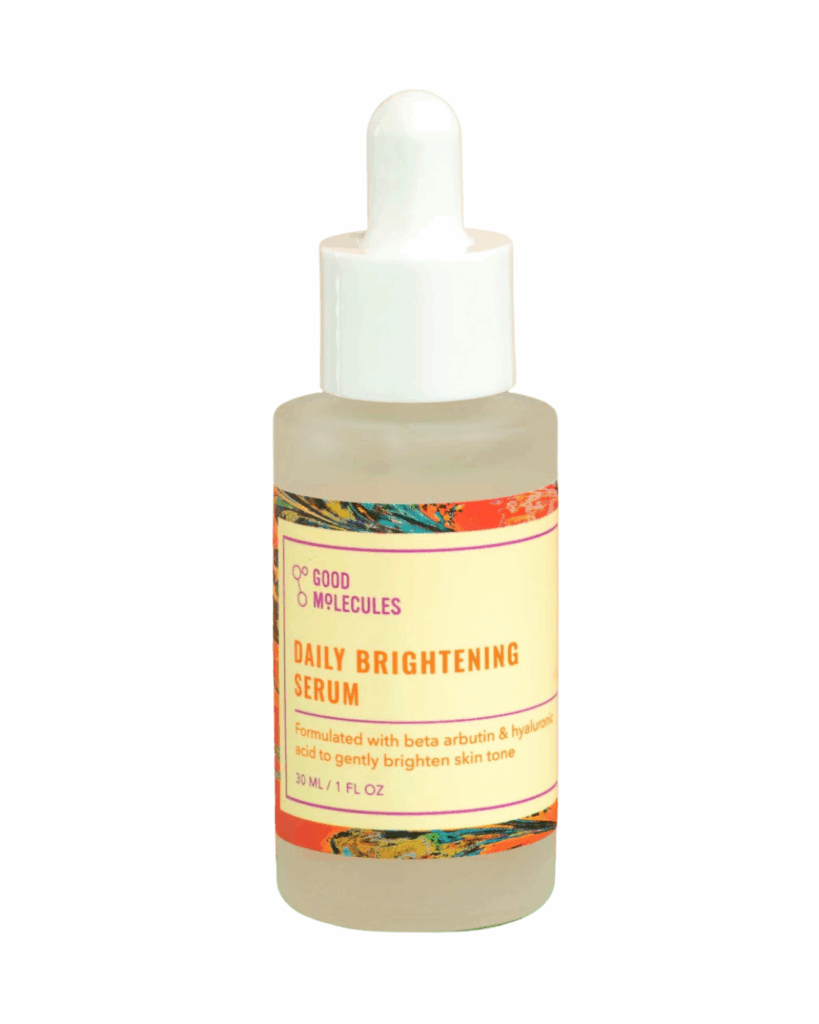 Hydrating serums for dry skin: A bottle of Good Molecules’ “Daily Brightening Serum” against a white background via goodmolecules.com