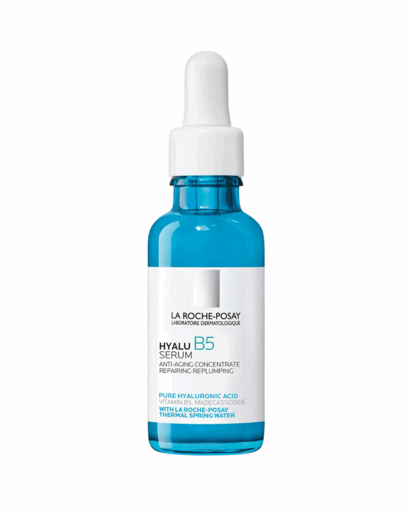 Hydrating serums for dry skin: A bottle of La Roche-Posay’s “Hyalu B5 Pure Hyaluronic Acid Serum” against a white background via laroche-posay.us