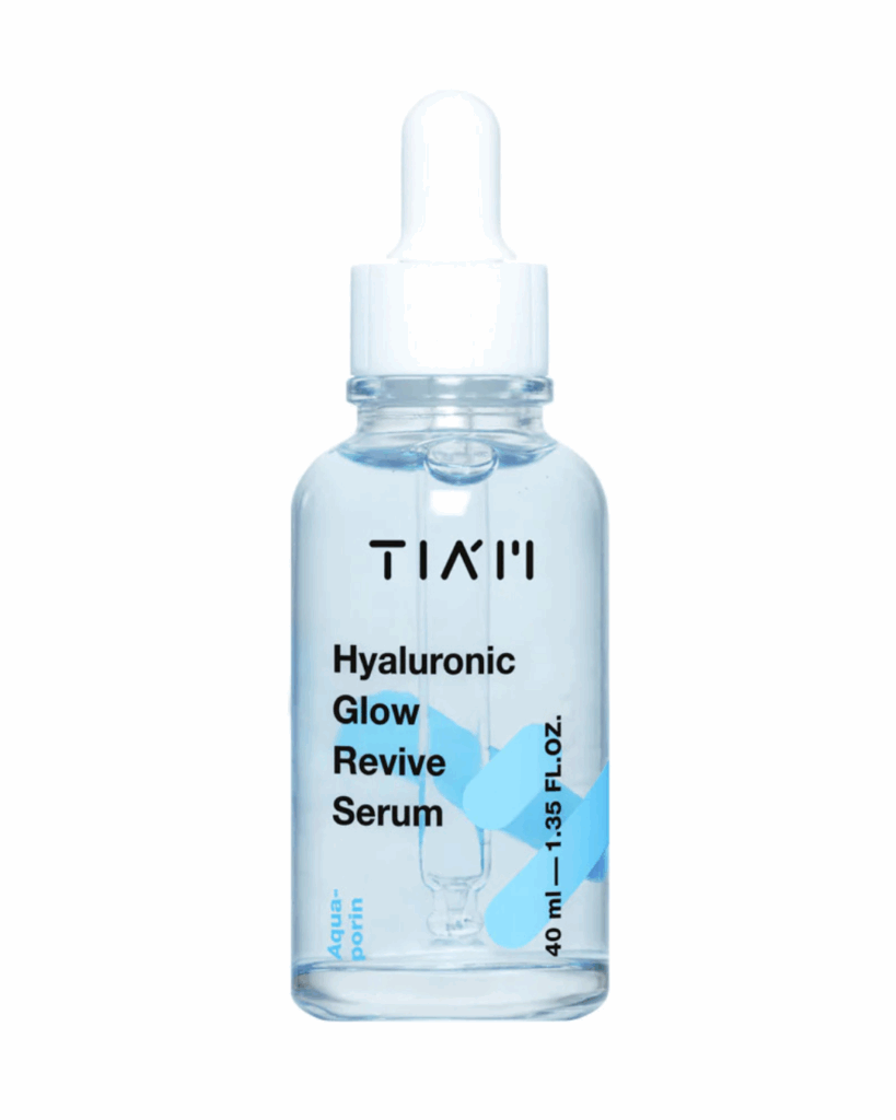 A bottle of Tiam’s “Hyaluronic Glow revive Serum” against a white background via tiamglobal.com