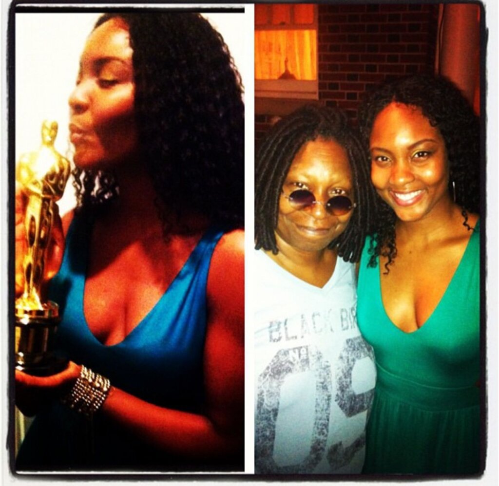 Osas Ighodaro with Whoopi Goldberg and her Oscar via Osas Ighodaro