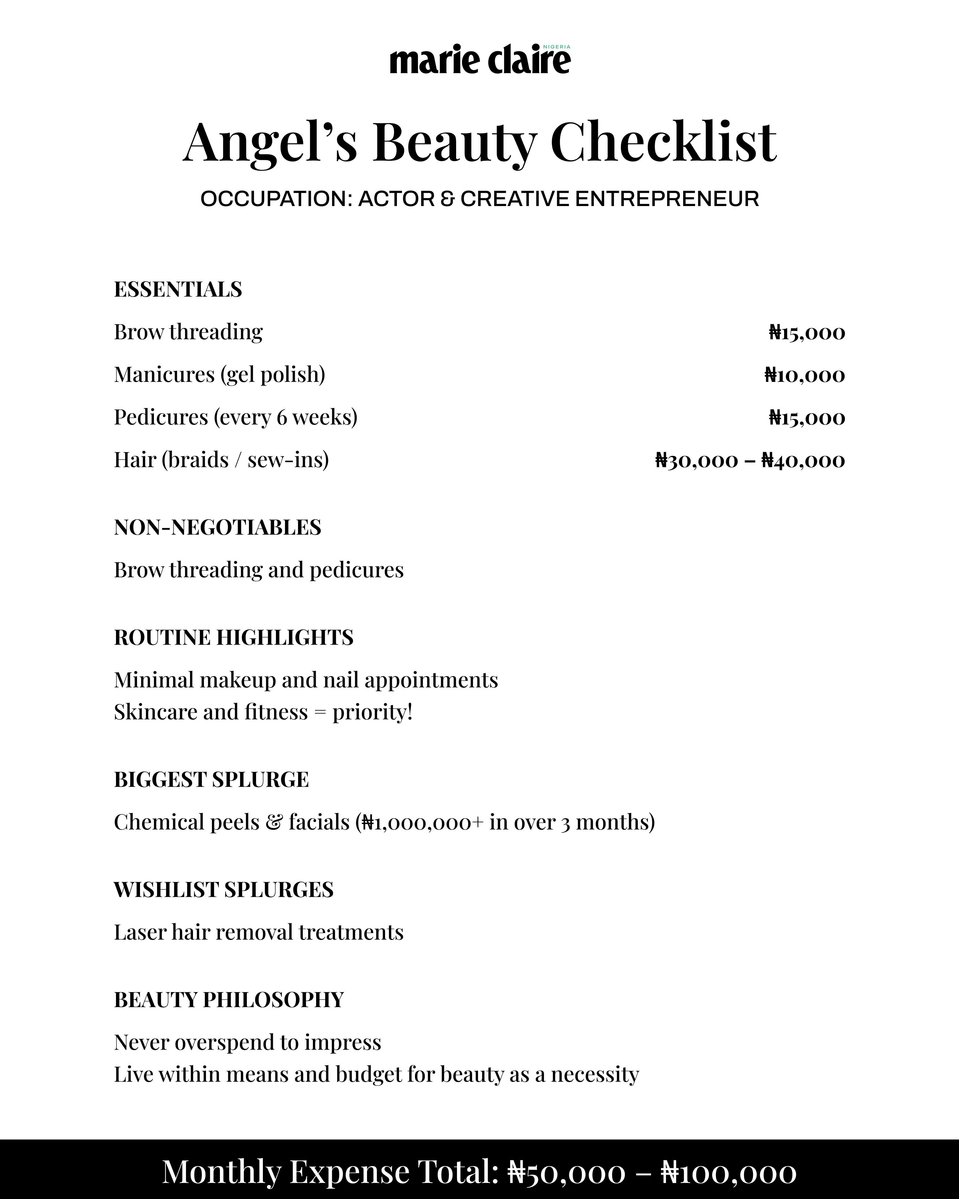 Angel's beauty bill via Marie Claire Nigeria