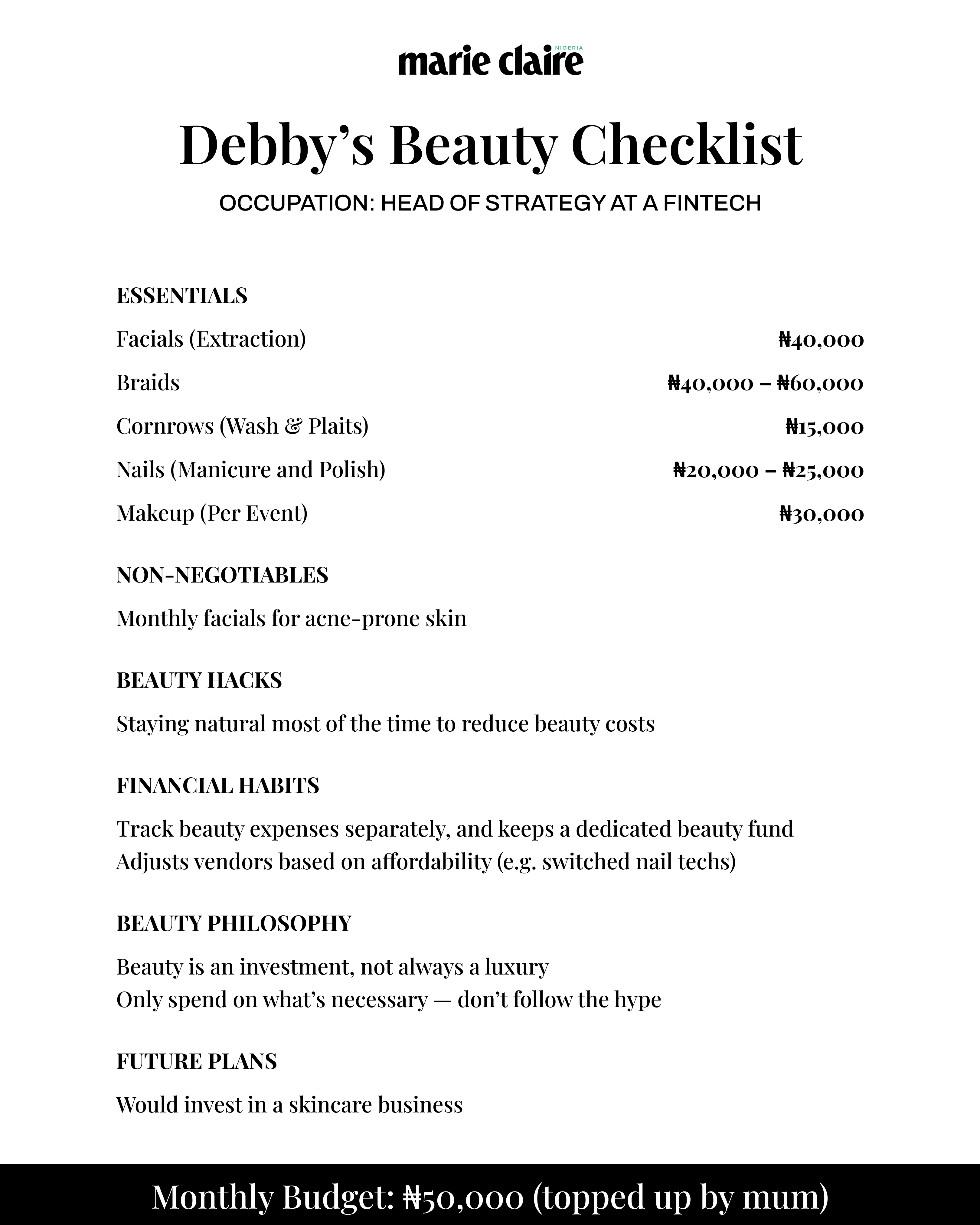 Debby's beauty bill via Marie Claire Nigeria