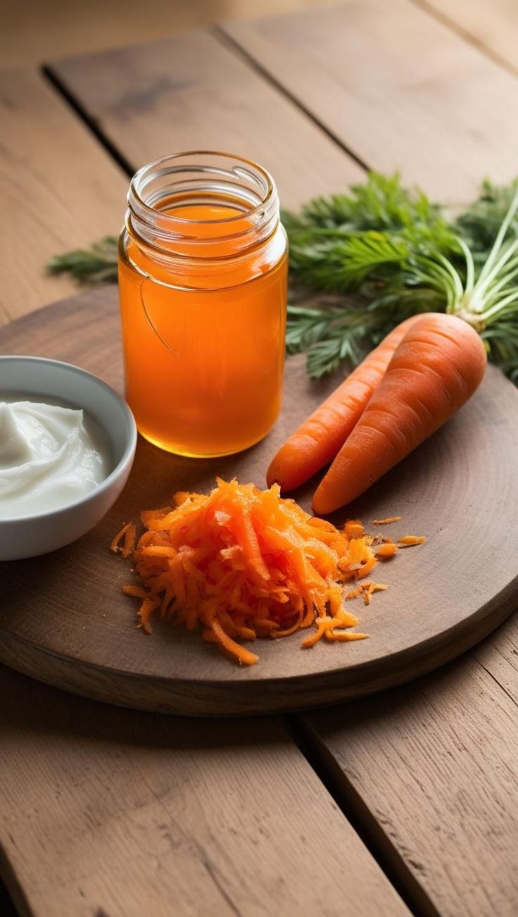 A small jar of carrot oil with two carrots and some shredded carrots via beautytrendtracker.com