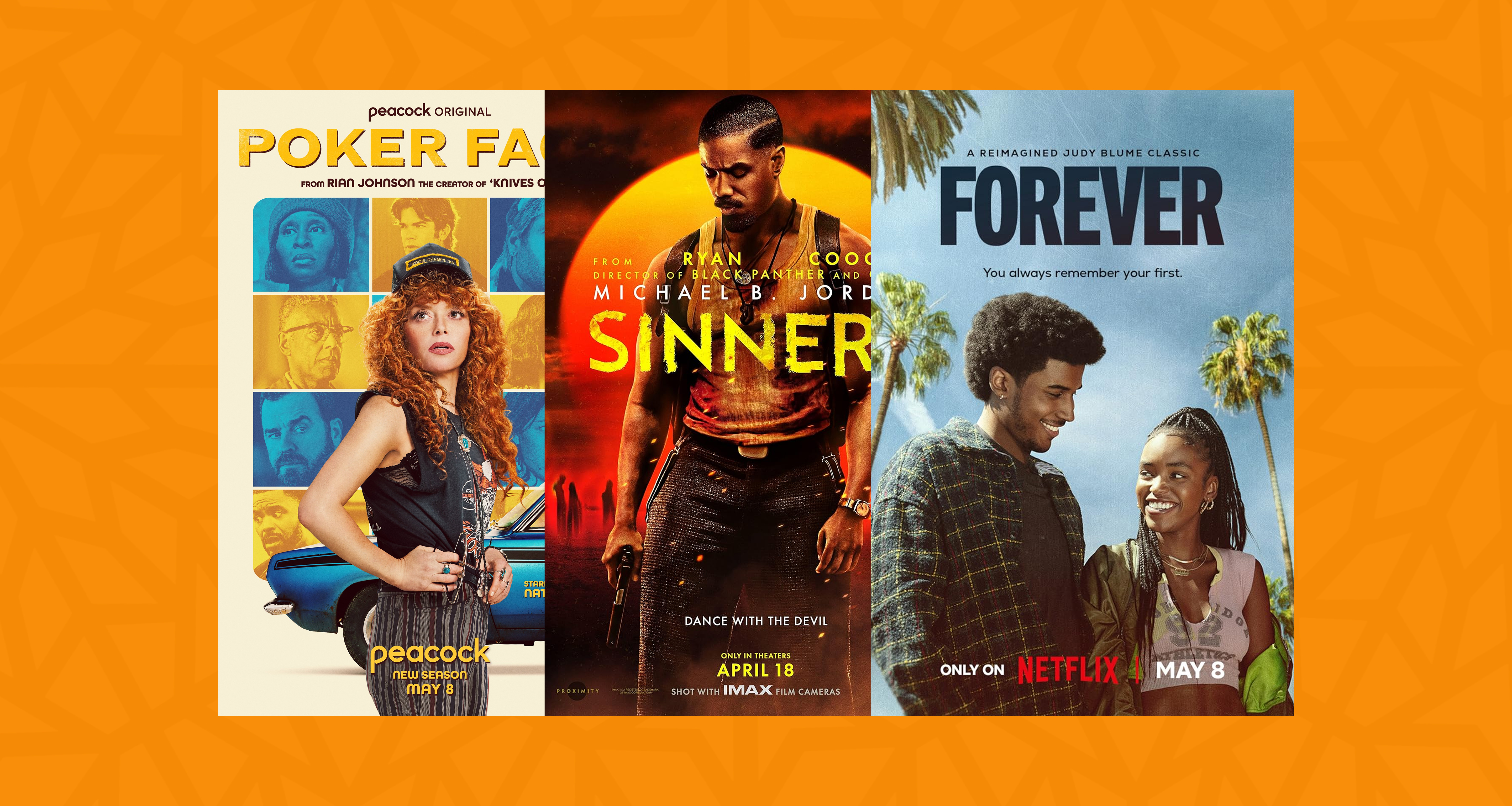 A collage of the posters for "Poker Face," "Sinners" and "Forever" via IMDb