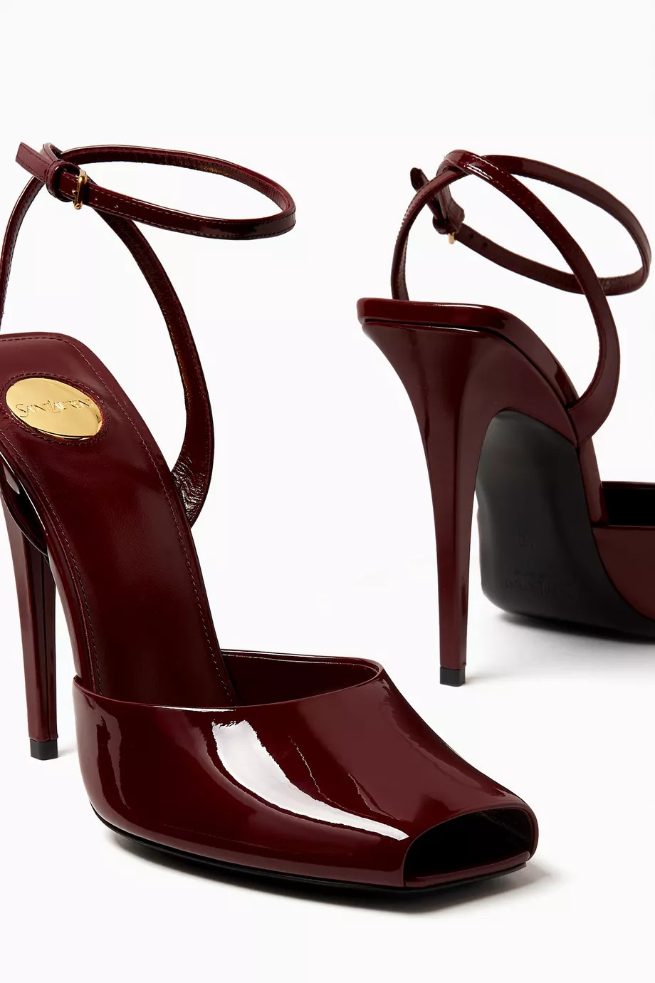 Yves Saint Laurent orhand peep toe sandals in patent burgundy leather