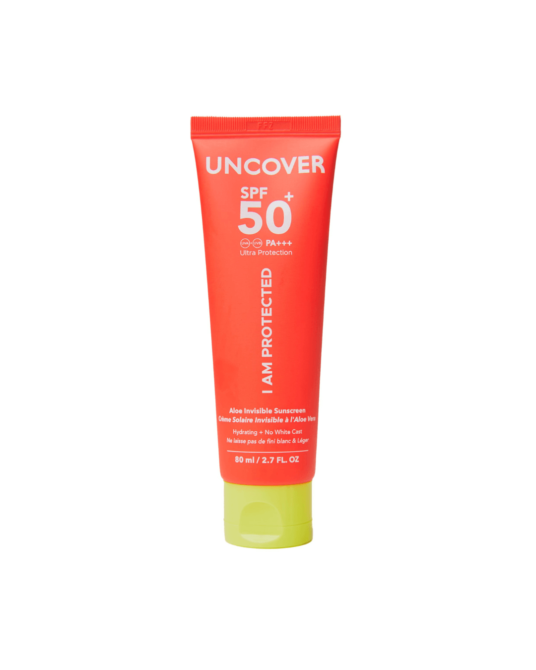 A tube of Uncover’s Aloe Invisible Sunscreen against a white background via uncoverskincare.com