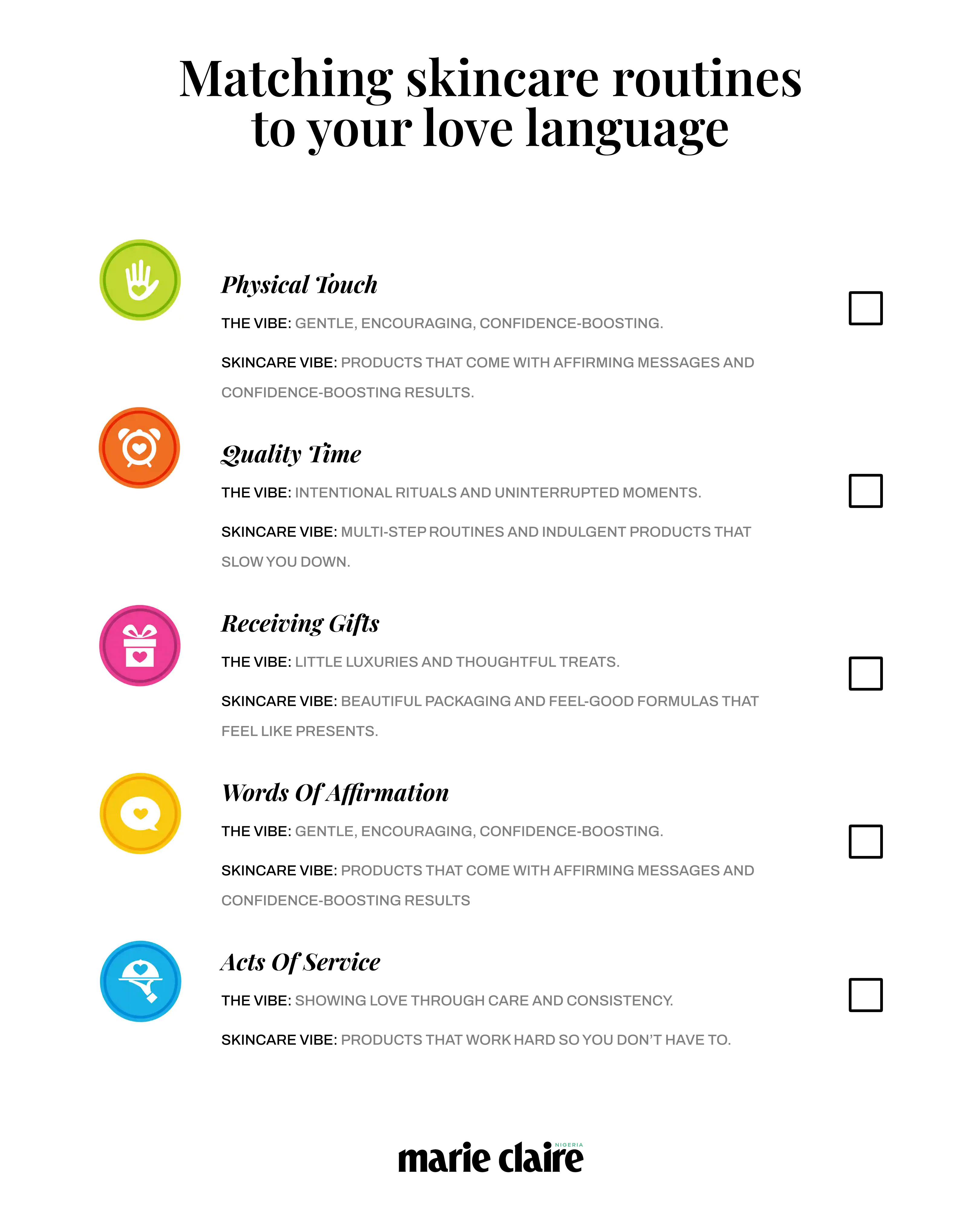 Self-care routine checklist - Skincare love languages