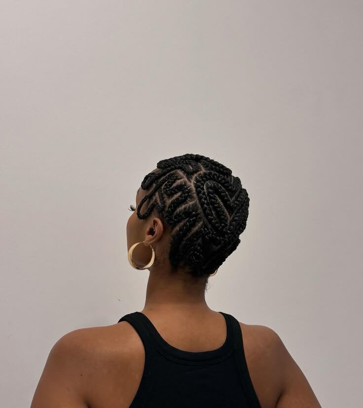 Cornrow alternatives; Back view of a black woman wearing a black tank top and sporting the braided baldie hairstyle via Pinterest