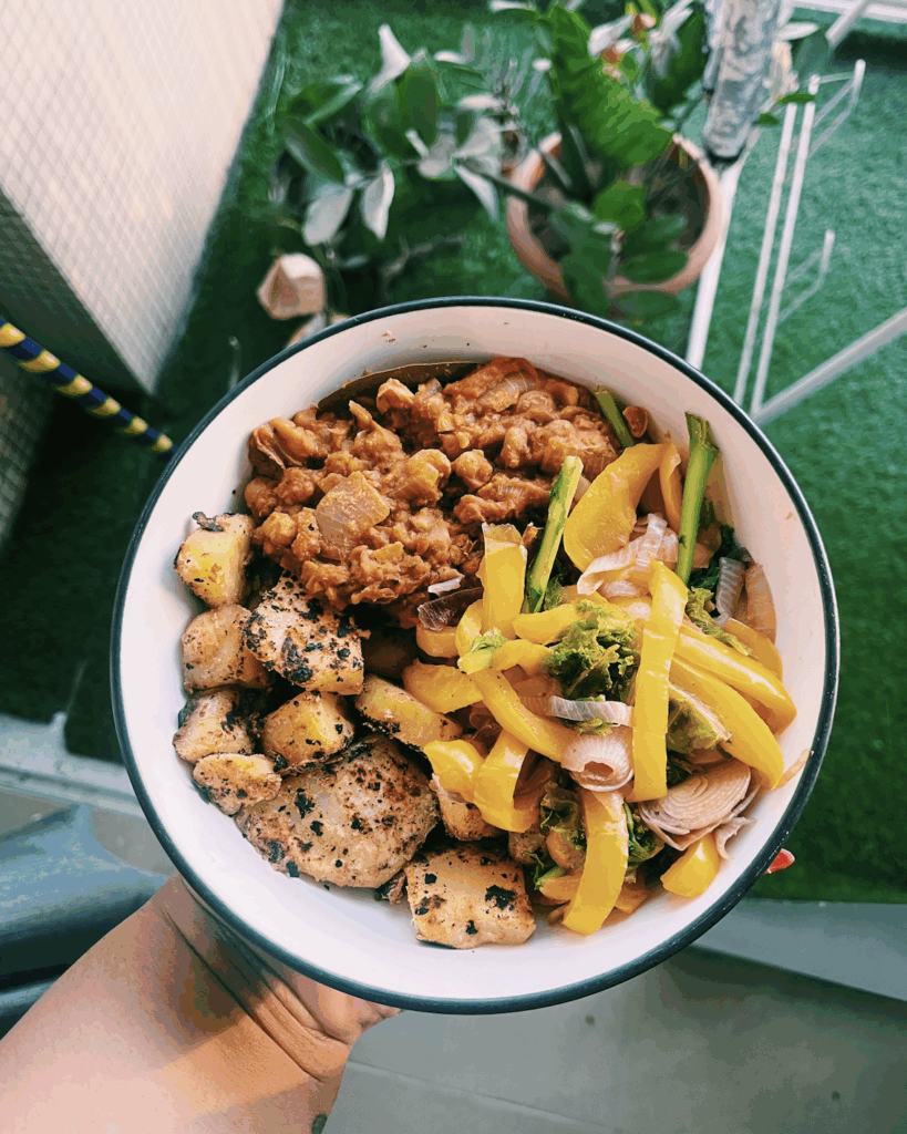 Food helped improve my quality of life. My healthy plate including beans, bell peppers, and potatoes