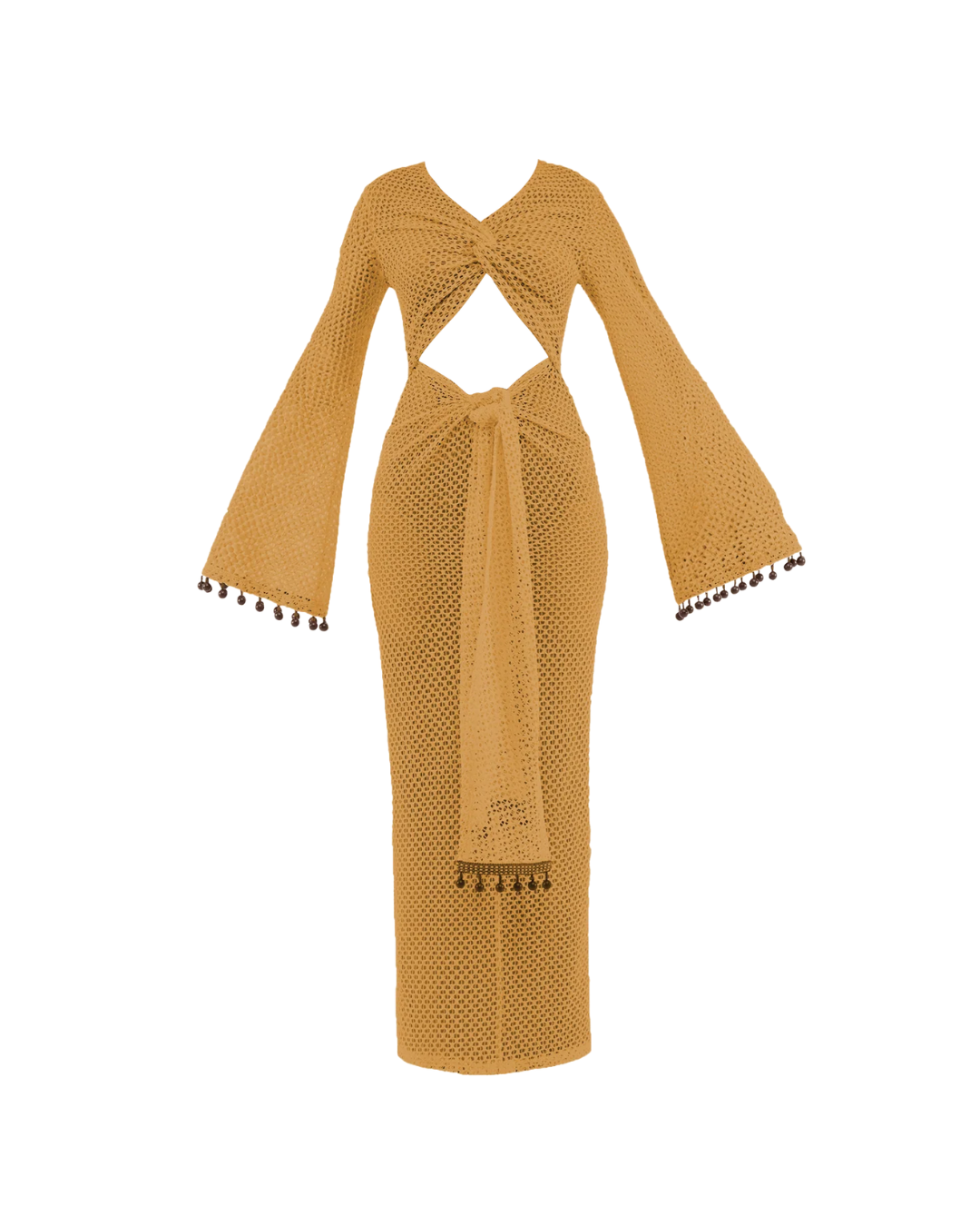A Teri Crochet Dress in Mustard by Andrea Iyamah against a white background via andreaiyamah.com