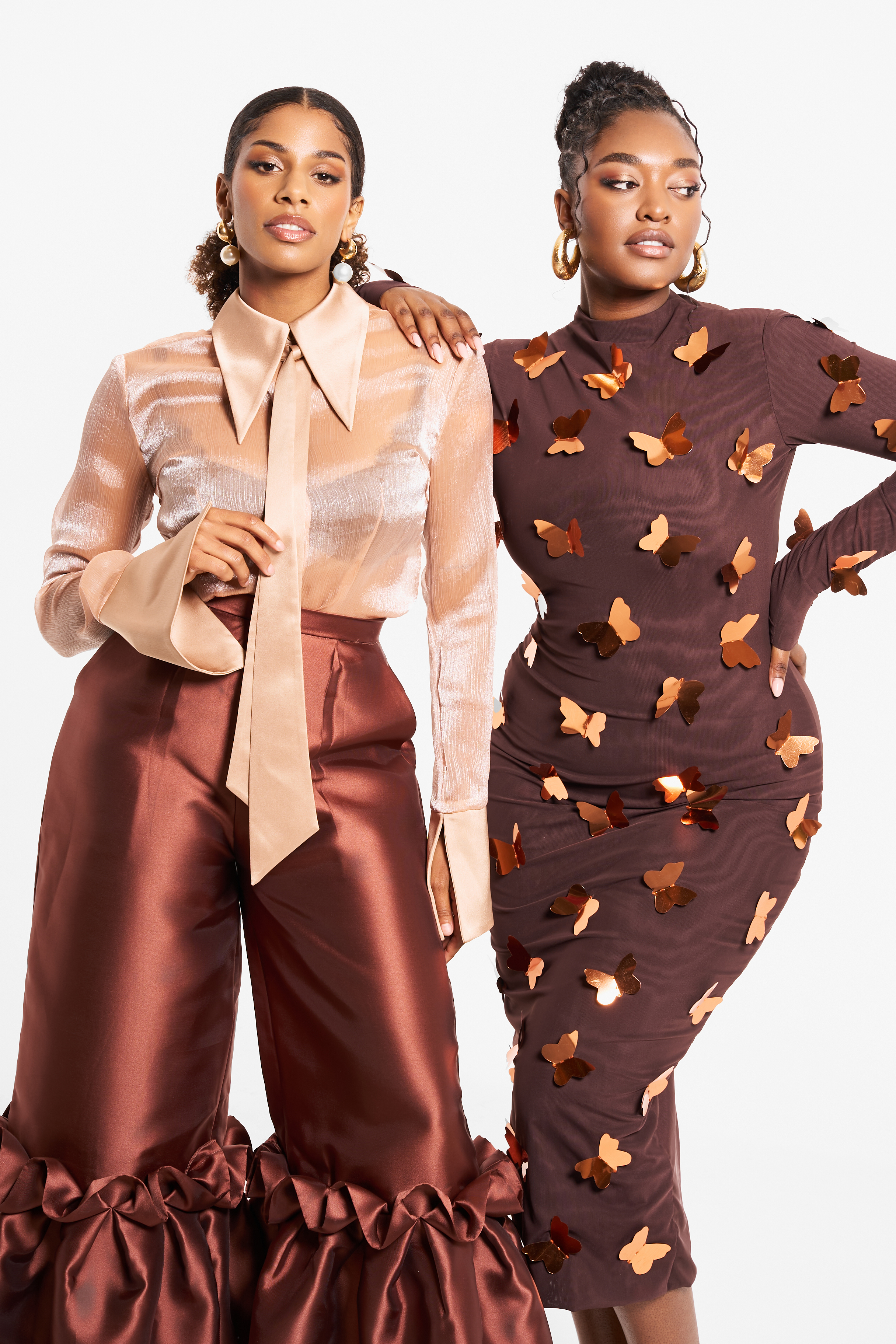 Imad Eduso new collection - Anjie shirt & ruby pants, and Labo midi dress in cocoa bronze