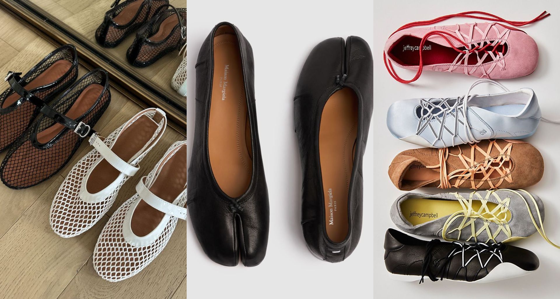 A collage of three images: mesh ballet flats in black and white, ballet Tabi's and Sneakarinas via Pinterest, and freepeople.com