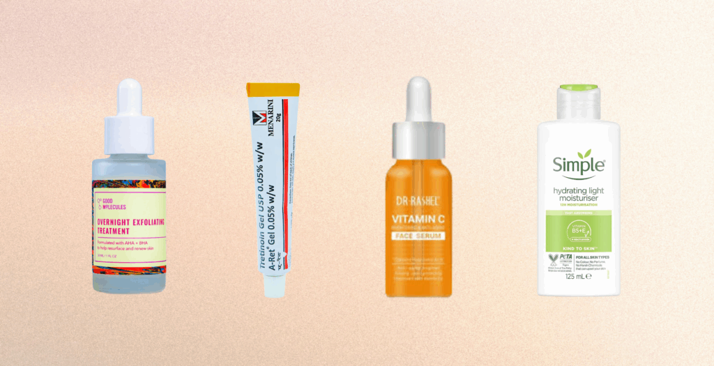 L-R: Good Molecules Overnight Exfoliation Serum via goodmolecules.com; prescription tretinoin gel at a 0.025% concentration from Menarini via apollopharmacy.in; Dr. Rashel Vitamin C Face Serum via shopstation.ng; hydrating moisturiser from Simple via beautycove.ng