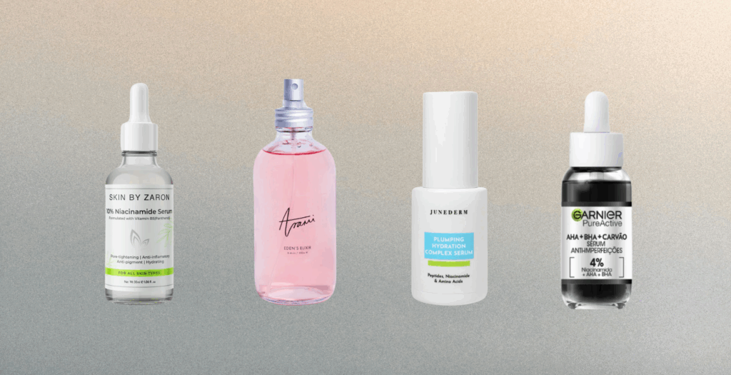 L-R:Skin by Zaron's 10% Niacinamide Serum via garmspot.com; Arami Essential’s Eden's Elixir via studioconcierge.ng; Junederm's Plumping Hydration Complex Serum via theaphrobeauty.com; Garnier's AHA + BHA Serum with Charcoal via sweetcare.com