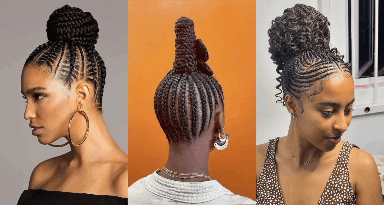 Three instances of the classic shuku hairstyle: stitch braids, a classic shuku and in a zigzag pattern