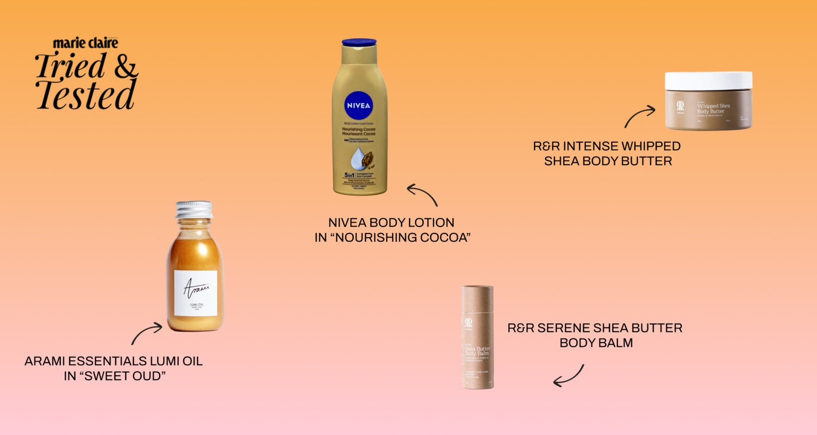 Moisturising body products. Nivea cocoa nourishing lotion. Arami Essentials Lumi oil in sweet oud. R&R intense whipped shea butter. R&R serene shea butter body balm. Via Wumi Tuase-Fosudo, beautyhutafrica.com, randrskincare.co