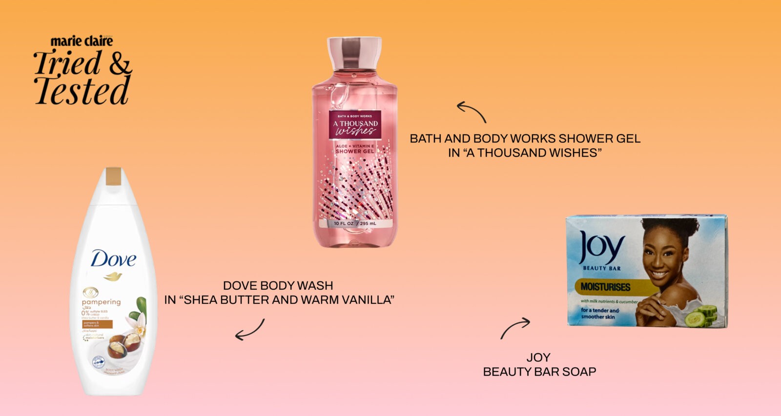 Products to build scents - Joy beauty bar soap. Dove body wash. Bath and Body works shower gel - A thousand wishes via Wumi Tuase-Fosudo, dove.com & bathandbodyworks.com