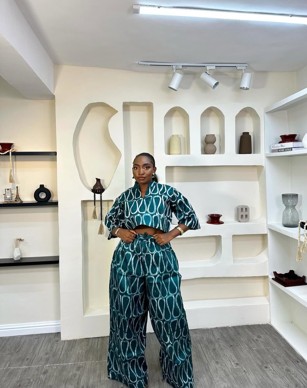 Everytindenim model in the Adire set in green via Everytindenim.