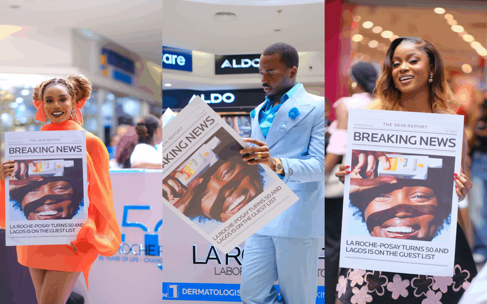 Influencers Nancy Isime, Bella Okagbue and Enioluwa Adeoluwa at the La Roche-Posay pop up in Ikeja City Mall, Lagos