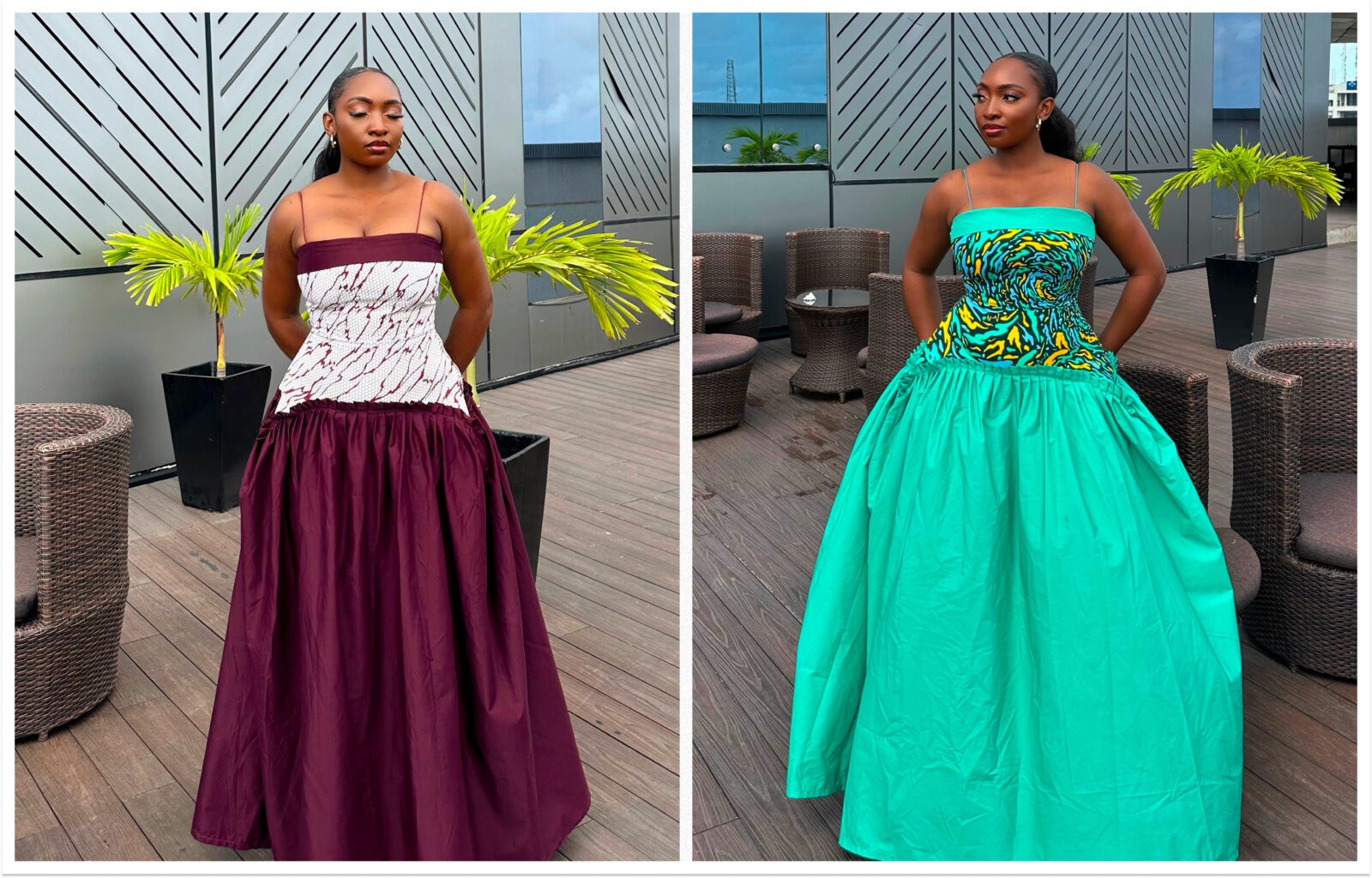 Everytindenim model wearing the contrast stitch maxi dress in burgundy and green via Everytindenim.